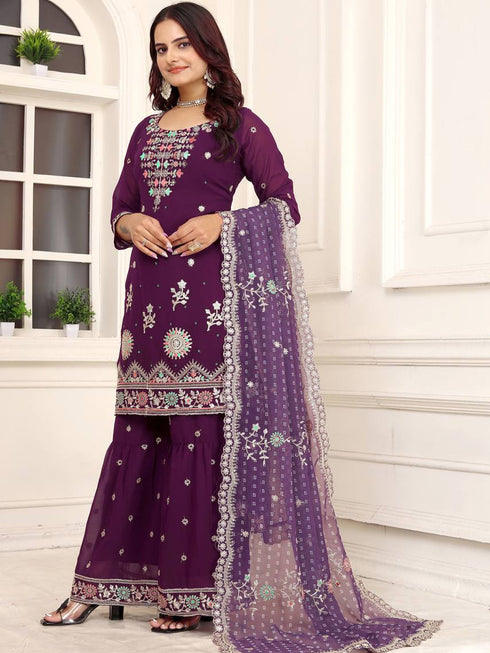 Purple Fox Georgette Silk Pant Suit 192151 Closure View